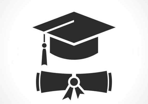 Graduation cap and educational diploma vector icon on white background